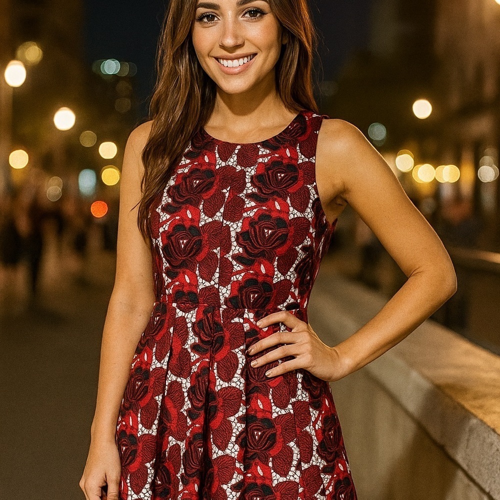 Rachel Roy Floral Red Jacquard Fit & Flare Dress sz 4 EUC